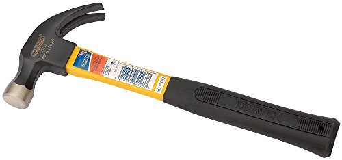 Draper 62163 claw hammer with a 450g fiberglass shaft, featuring a yellow and black rubber grip handle and a shiny metal head for durability and impact.