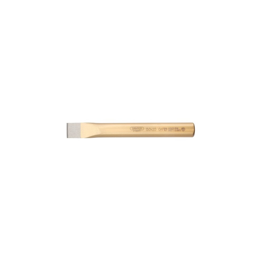 Flat cold chisel with a 20mm wide, 150mm long steel blade, featuring a sharp, flat edge and a polished gold-colored handle, ideal for cutting and shaping materials.