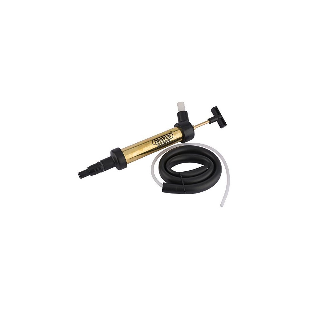 Draper Expert 16152 fluid transfer pump featuring a brass body, black rubber hose, and a manual pump handle for easy liquid transfer.