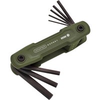 Green Draper Expert folding hexagon Allen key set with multiple black hex keys extending from a compact handle.