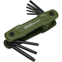 Green Draper Expert folding Torx key set with multiple black Torx keys extending from both ends.