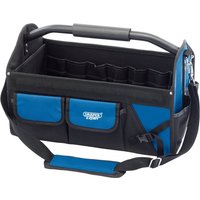 Black and blue Draper Expert folding tote with tubular steel handle and multiple pockets.