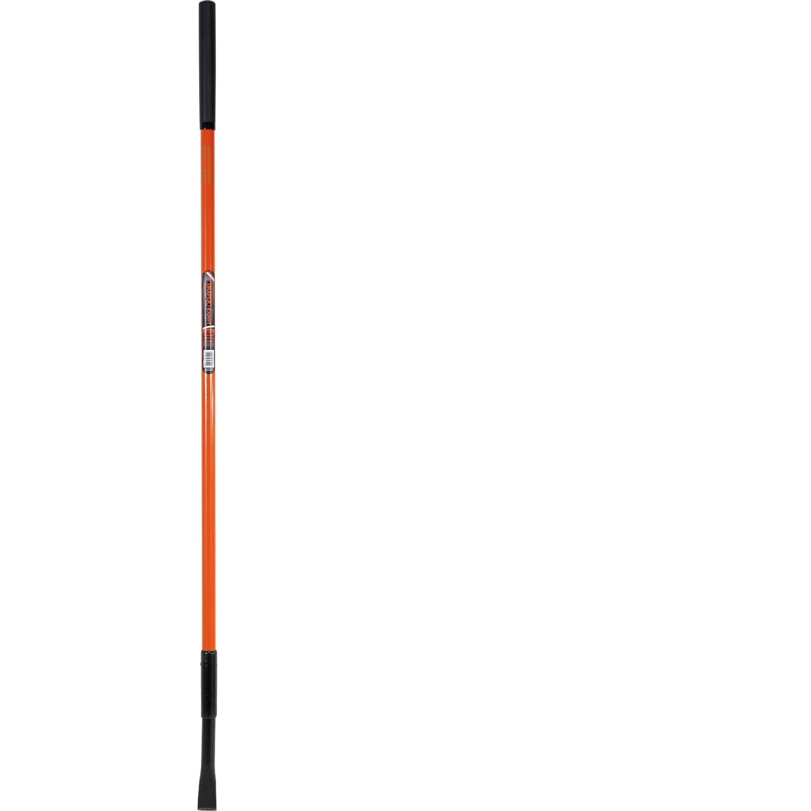 Fully insulated orange crowbar with a chisel end, featuring a black rubber grip for comfort and safety, designed for heavy-duty use.