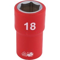 Red Draper Expert VDE socket, 1/2" square drive, 18mm size, with white "18" marking and safety certification logos.