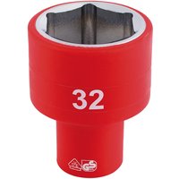 Red Draper Expert VDE socket, 1/2" square drive, 32mm size, with white numbering and insulated design.
