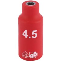 Red Draper Expert VDE socket, 4.5mm, with white markings and safety symbols, cylindrical insulated design.