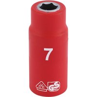 Red Draper Expert VDE socket, 7mm size, with white markings and insulated design, cylindrical shape.