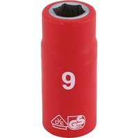 Red Draper Expert VDE socket, 9mm, with white "9" marking and safety symbols, cylindrical shape, insulated design.