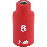 Red Draper Expert VDE socket, 3/8" square drive, 6mm size, with white "6" and safety certification logos.