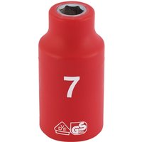 Red Draper Expert VDE insulated socket, 3/8" square drive, 7mm size, with safety symbols and white "7" marking.