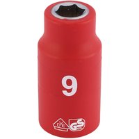 Red Draper Expert VDE socket, 3/8" square drive, 9mm size, with white "9" marking and safety certification logos.