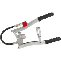 Draper Expert grease gun with lever action, silver body, black handles, red accent, and small thread connection.