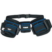 Black and blue Draper Expert tool belt with double pouches, adjustable strap, and multiple pockets for tools.