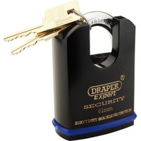 Black Draper Expert padlock with shrouded shackle, 61mm, includes two brass keys on a ring.