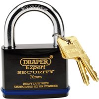 Black Draper Expert padlock with 70mm molybdenum steel shackle, includes two brass keys.