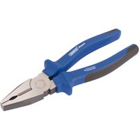 Blue and silver Draper Expert 200mm combination pliers with soft grip handles and serrated jaws.