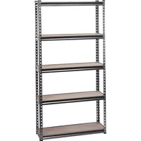 Heavy-duty steel shelving unit with five wooden shelves, black frame, dimensions L920 x W305 x H1830mm.