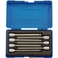 Blue plastic case with Draper Expert 7-piece hexagonal socket bit set, featuring silver bits in foam slots.