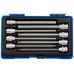 Eight-piece hexagonal socket bit set in a blue plastic case, featuring shiny chrome vanadium steel bits of various lengths, securely fitted in a foam insert.
