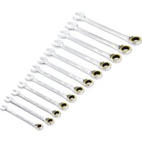 "Draper 12-piece ratchet spanner set, silver with gold accents, open and ring ends, arranged in size order."