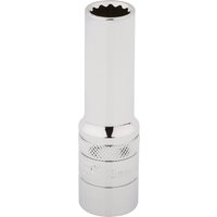 Silver Draper Expert deep socket with 12-point design, 1/2" square drive, 12mm size, smooth and knurled grip.
