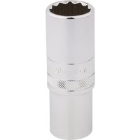 Silver Draper Expert deep socket with 12-point design, 1/2" square drive, 20mm size, knurled band for grip.