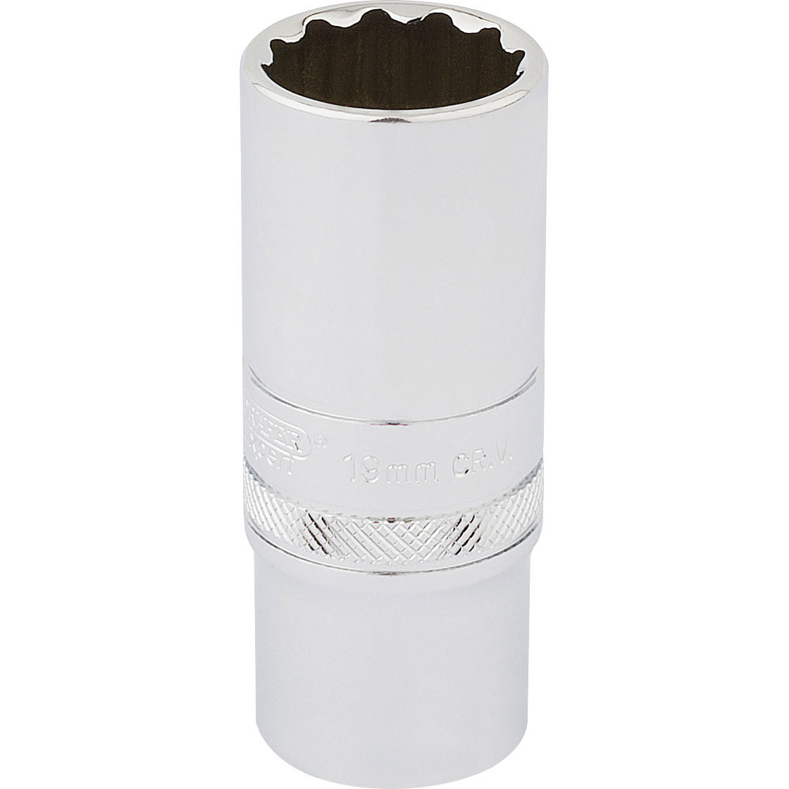Shiny chrome-plated 12-point deep socket with a 3/8" square drive, marked with "19mm" and a textured grip band for enhanced handling.