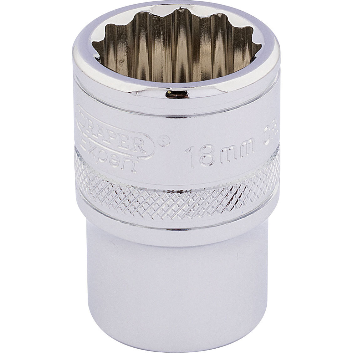 Shiny chrome 18mm 12-point socket with a textured grip, featuring the Draper Expert logo and a high-torque design for enhanced performance.