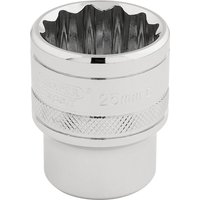 Silver Draper Expert 12-point socket, 1/2" square drive, 25mm, with knurled grip and polished chrome finish.