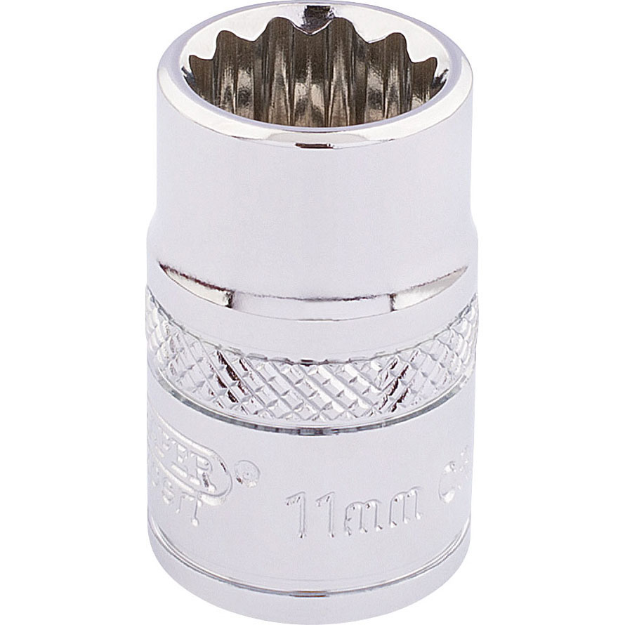 Silver chrome 12-point socket with a 3/8" square drive, labeled "11mm," featuring a textured grip for easy handling and a polished finish for durability.