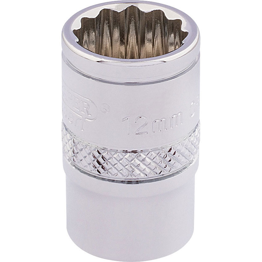 Draper Expert 32772 3/8" square drive Hi-Torq® 12-point socket in shiny chrome finish, featuring a knurled grip and marked with "12mm" for easy identification.