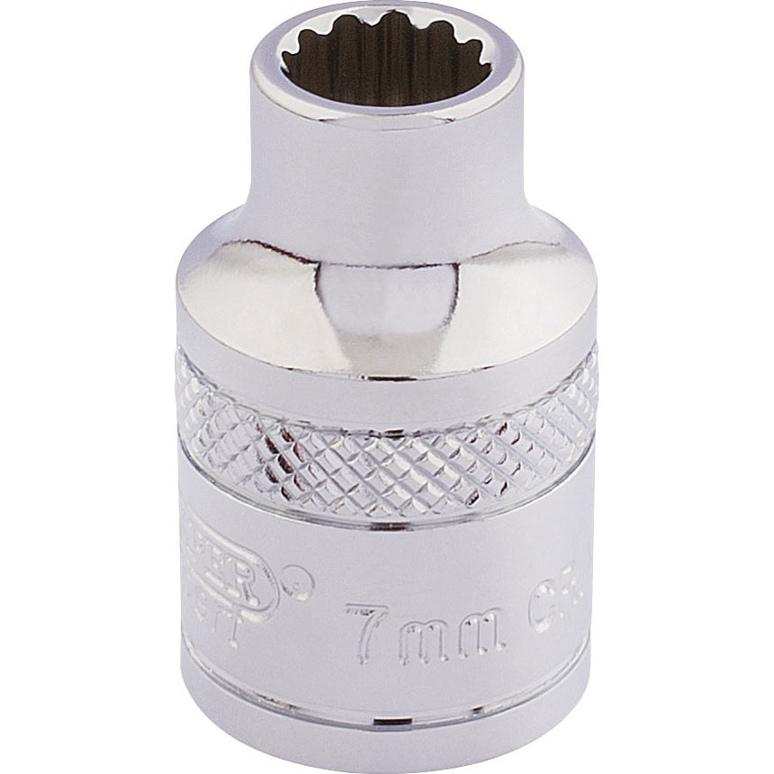 Shiny chrome 7mm 12-point socket with a knurled grip section, featuring the Draper Expert logo and "Hi-Torq®" branding for enhanced torque application.