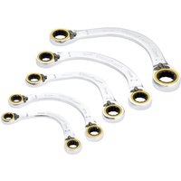 Curved silver double ring ratchet spanners set with yellow accents, five pieces in varying sizes.