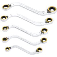"Draper Expert 5 Piece S Shape Spanner Set, silver with black and yellow ratchet rings, double ring design"