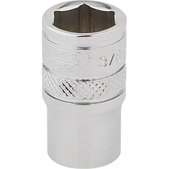 Shiny chrome-plated 1/4" square drive socket with a 6-point design, engraved markings for size (3/8"), and a knurled grip section for easy handling.