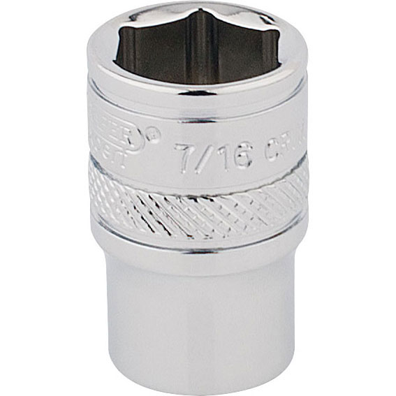 Draper Expert 48942 1/4" square drive Hi-Torq® 6-point socket in shiny chrome finish, featuring a 7/16" size and textured grip for easy handling.