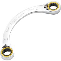 Curved silver double ring ratchet spanner with black and yellow rings, marked 15 x 17mm, by Draper Expert.