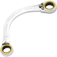 Curved silver Draper Expert spanner with double ring ratchet ends, sizes 19mm and 22mm, yellow accents on rings.
