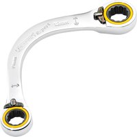 Curved silver Draper Expert spanner with double ring ratchet ends, yellow accents, and engraved branding.