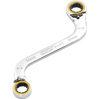 Silver S-shaped spanner with Hi-Torq® double ring ratchet ends, 14mm and 16mm sizes, yellow accents on rings.