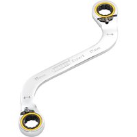 Silver S-shaped ratchet spanner with double ring ends, 15mm and 17mm sizes, yellow accents on rings.
