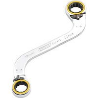 Silver S-shaped double ring ratchet spanner with yellow accents, 19mm and 22mm ends, by Draper Expert.