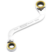 Curved silver Draper Expert Hi Torq double ring ratchet spanner with yellow accents and engraved measurements.