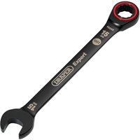 Black Draper Expert 15mm ratchet combination spanner with Hi-Torq® open end and red-accented ring end.