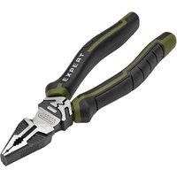 Black and green Draper Expert high leverage combination pliers with textured grips and serrated jaws.