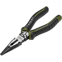 Black and green Draper Expert long nose pliers with high leverage design and textured grips.
