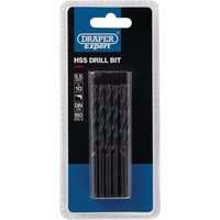 Pack of 10 Draper Expert HSS Drill Bits, 5.5mm, silver, displayed in a clear plastic case with a black and blue label.