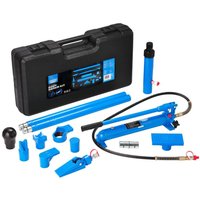 Blue Draper Expert hydraulic body repair kit with 14 pieces, including pump, extension tubes, and black carrying case.