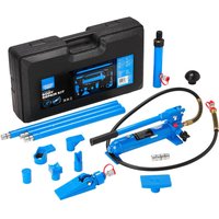Blue Draper Expert hydraulic body repair kit with pump, hose, extension tubes, and black carrying case.
