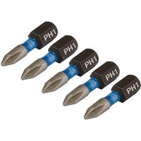 Draper Expert Phillips screwdriver bits, black with PH1 marking, silver tips, and blue bands, set of five.